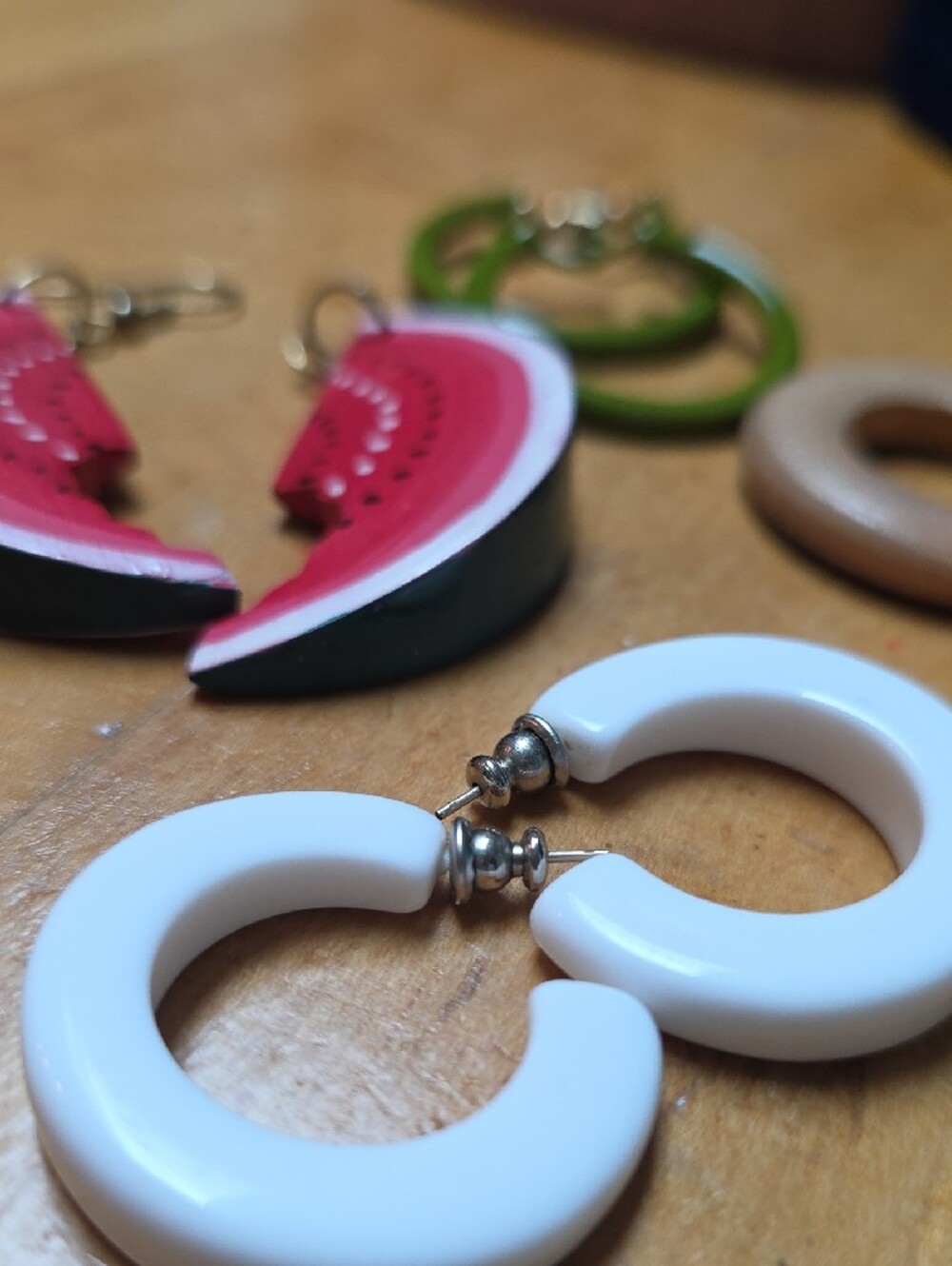 Mixed Hoop Earring Set - Watermelon, Green, White & Wood